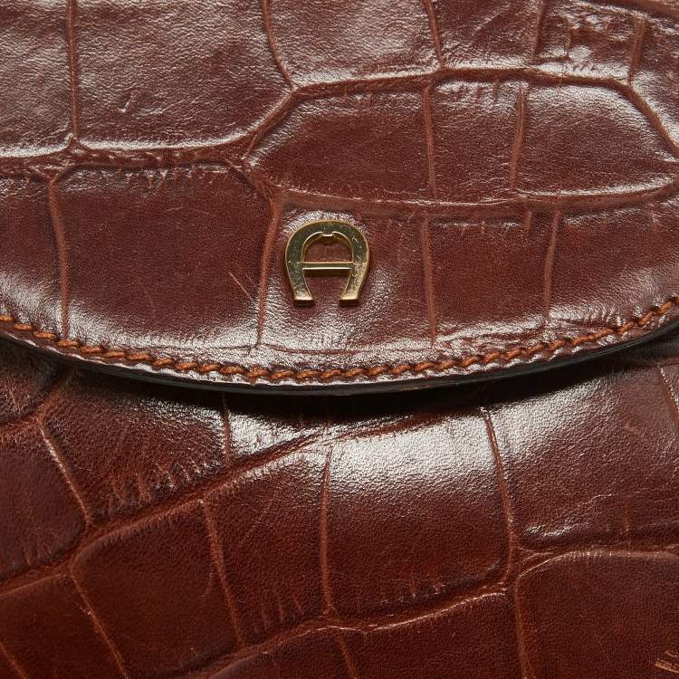 Pre Owned Aigner Dark Brown Croc Embossed Leather Logo Flap Crossbody Bag 