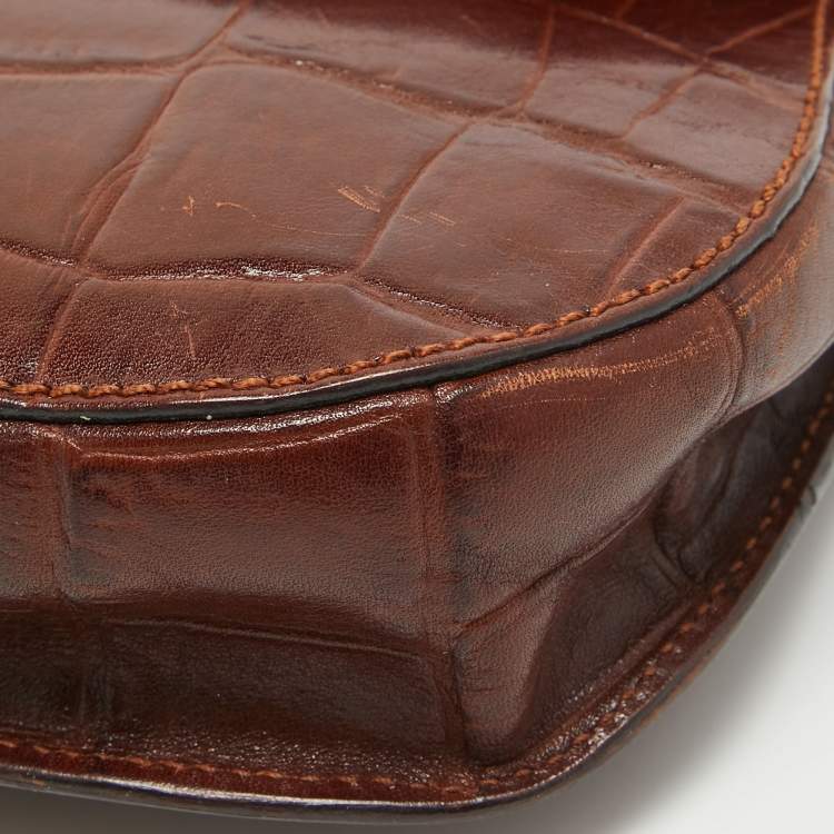 Pre Owned Aigner Dark Brown Croc Embossed Leather Logo Flap Crossbody Bag 