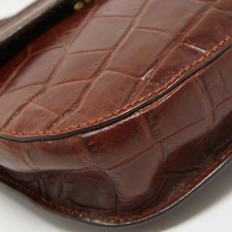 Pre Owned Aigner Dark Brown Croc Embossed Leather Logo Flap Crossbody Bag 