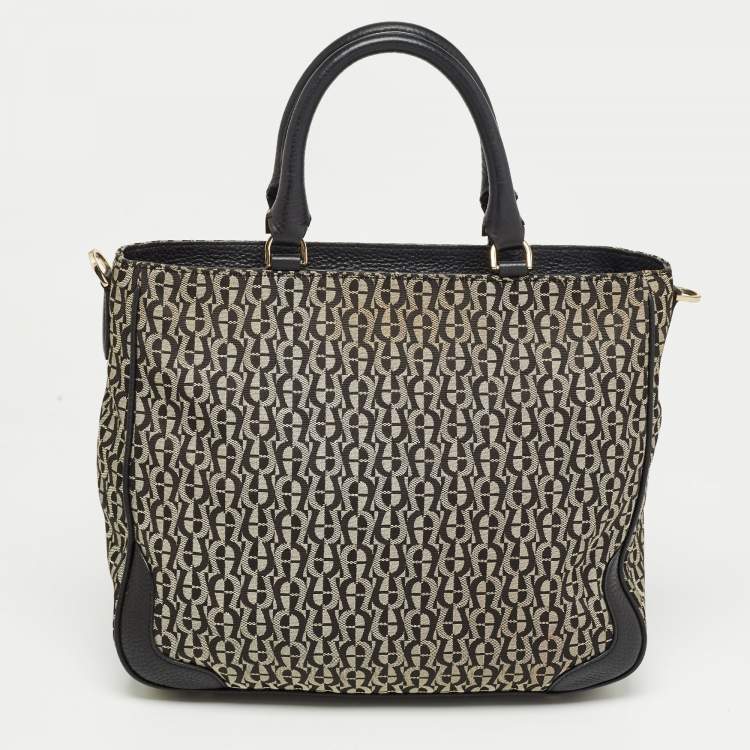 Pre Owned Aigner Black/Grey Signature Canvas and Leather Tote