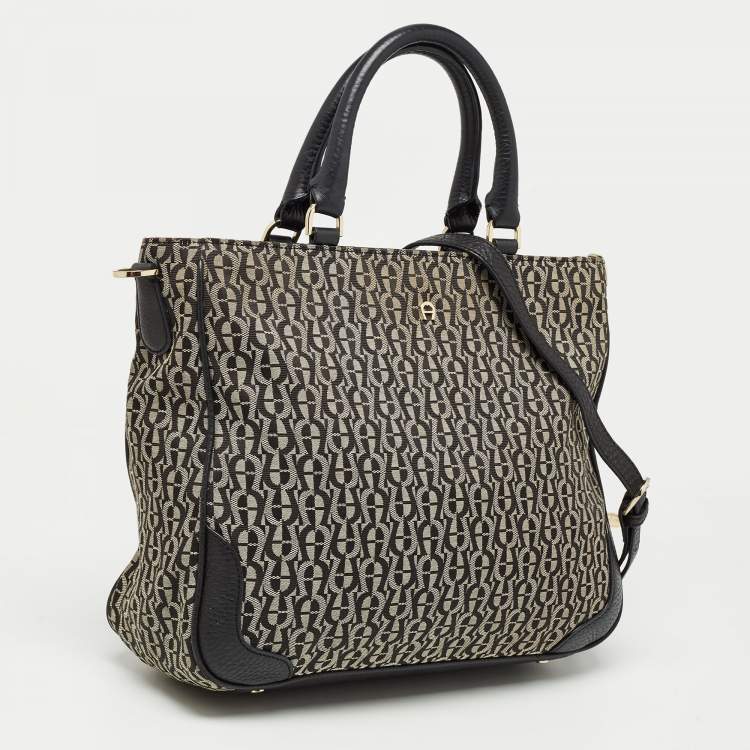 Pre Owned Aigner Black/Grey Signature Canvas and Leather Tote