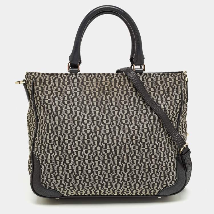 Pre Owned Aigner Black/Grey Signature Canvas and Leather Tote