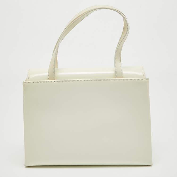 Pre Owned Aigner White Patent Leather Logo Flap Tote