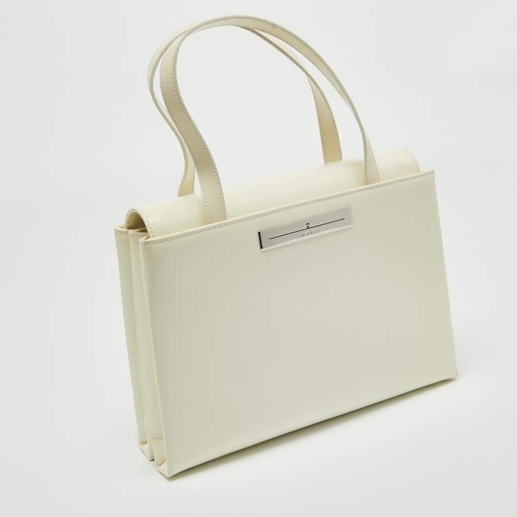 Pre Owned Aigner White Patent Leather Logo Flap Tote
