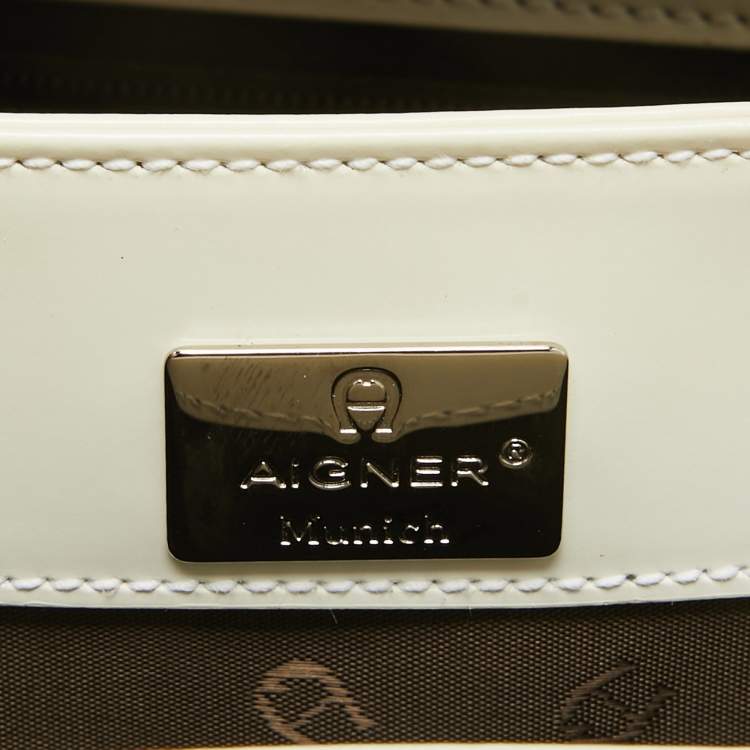 Pre Owned Aigner White Patent Leather Logo Flap Tote