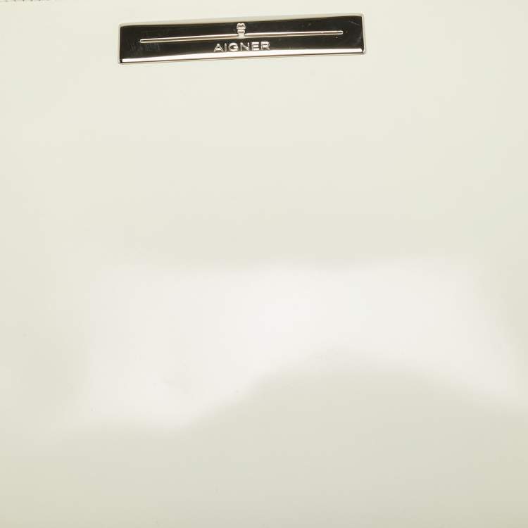 Pre Owned Aigner White Patent Leather Logo Flap Tote