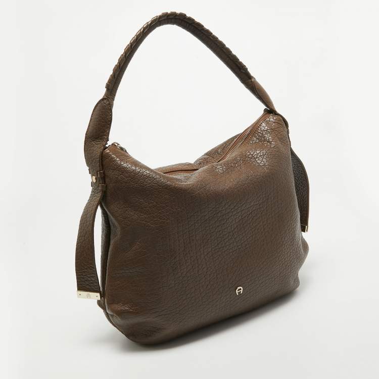 Pre Owned Aigner Dark Brown Leather Logo Hobo