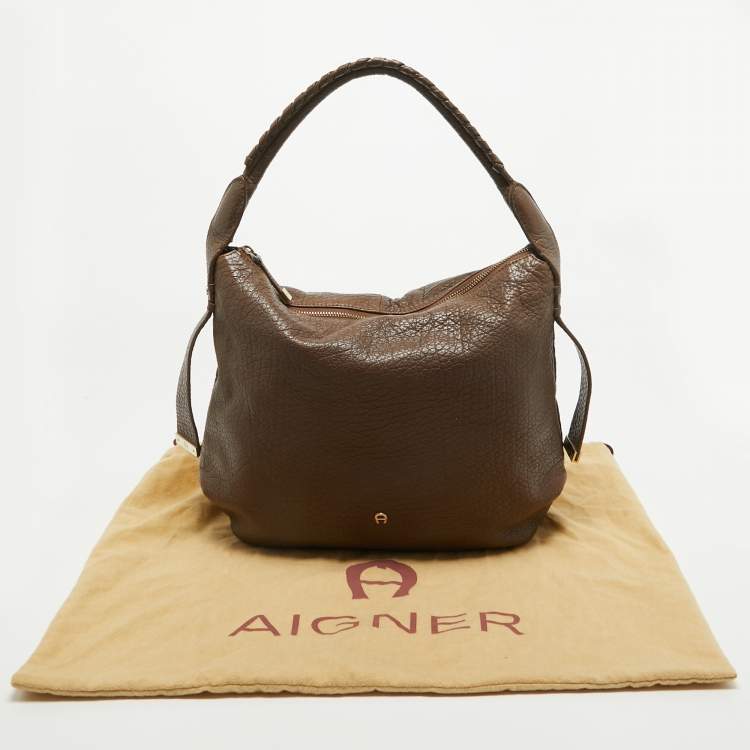 Pre Owned Aigner Dark Brown Leather Logo Hobo