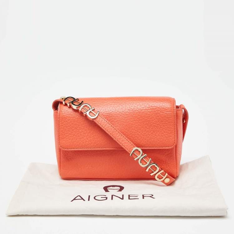Pre Owned Aigner Orange Leather Flap Crossbody Bag