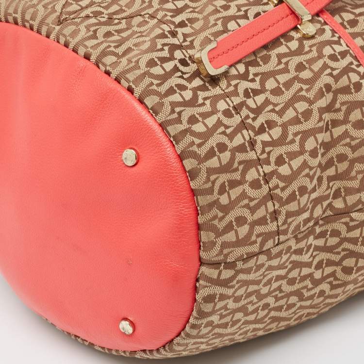 Pre Owned Aigner Coral/Brown Monogram Canvas and Leather Bucket Bag