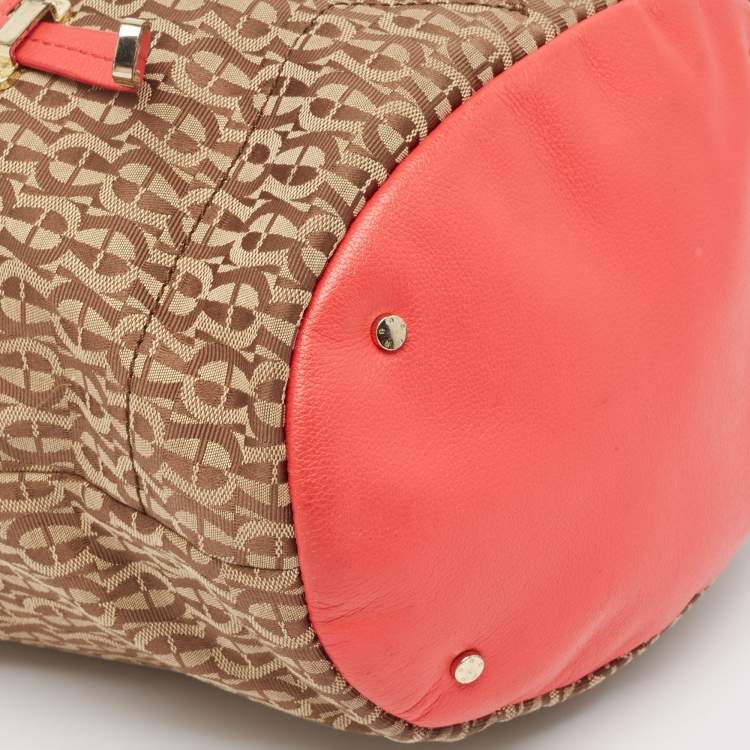 Pre Owned Aigner Coral/Brown Monogram Canvas and Leather Bucket Bag