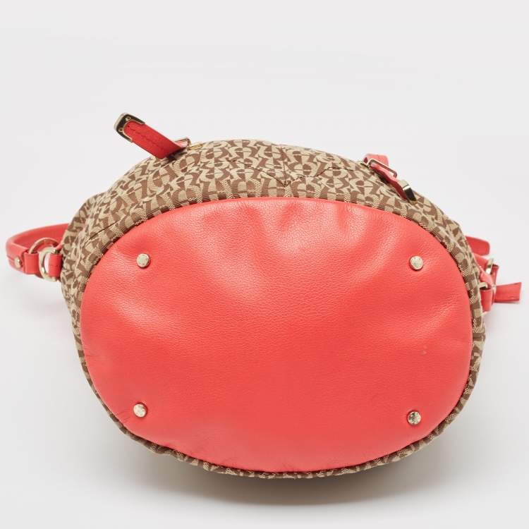Pre Owned Aigner Coral/Brown Monogram Canvas and Leather Bucket Bag