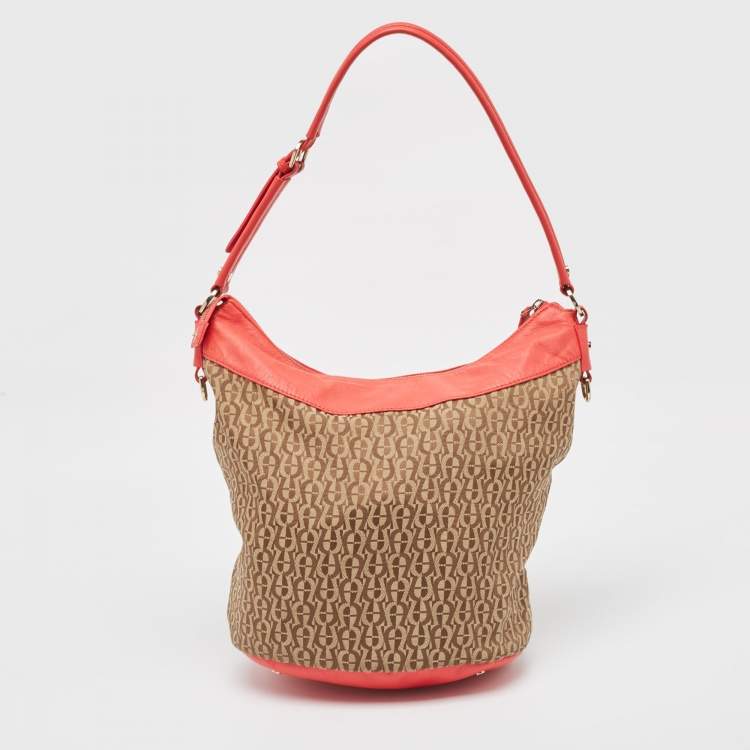 Pre Owned Aigner Coral/Brown Monogram Canvas and Leather Bucket Bag