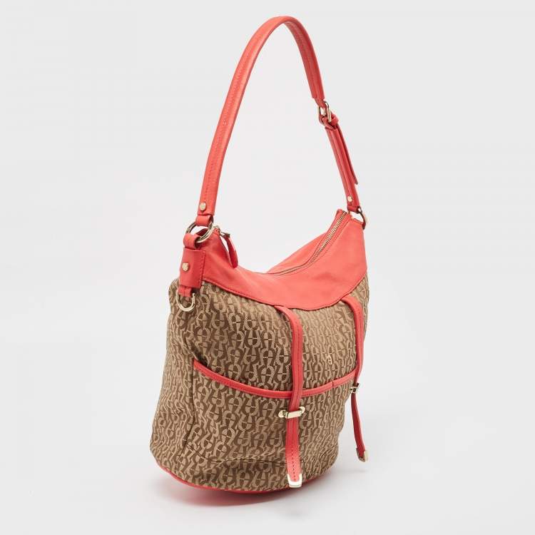 Pre Owned Aigner Coral/Brown Monogram Canvas and Leather Bucket Bag