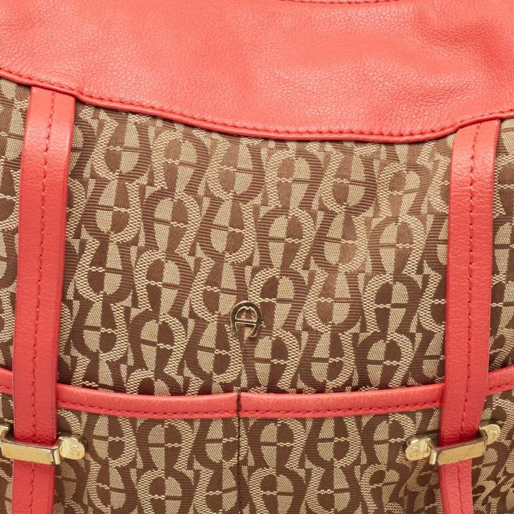 Pre Owned Aigner Coral/Brown Monogram Canvas and Leather Bucket Bag