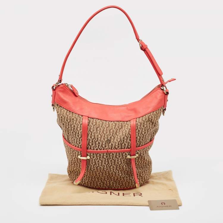 Pre Owned Aigner Coral/Brown Monogram Canvas and Leather Bucket Bag