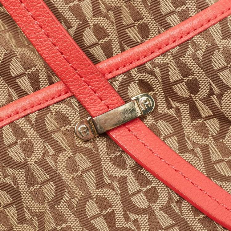 Pre Owned Aigner Coral/Brown Monogram Canvas and Leather Bucket Bag