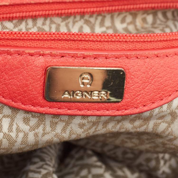 Pre Owned Aigner Coral/Brown Monogram Canvas and Leather Bucket Bag