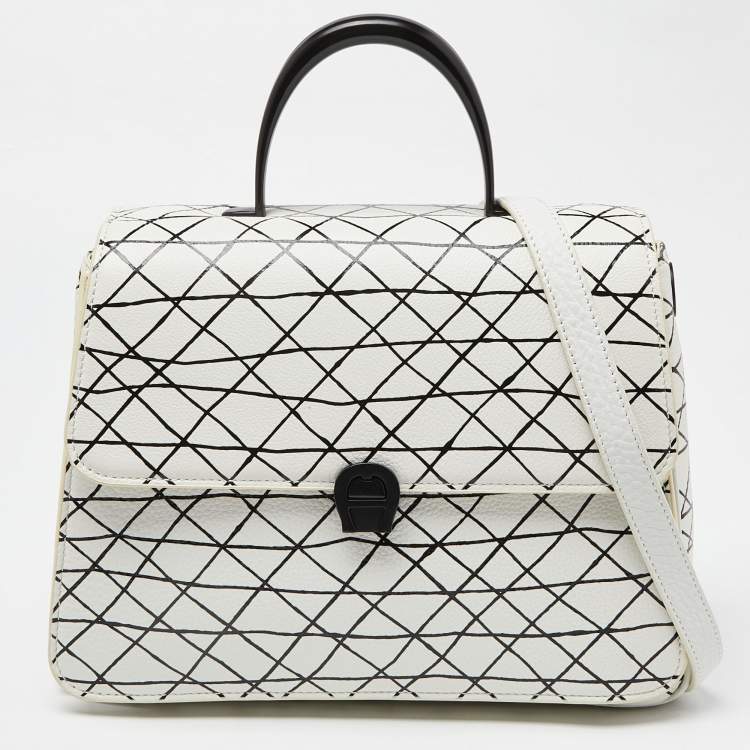 Pre Owned Aigner White/Black Leather Genoveva Top Handle Bag