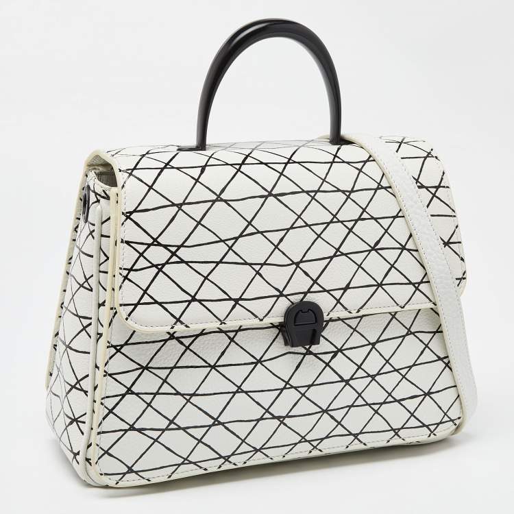 Pre Owned Aigner White/Black Leather Genoveva Top Handle Bag