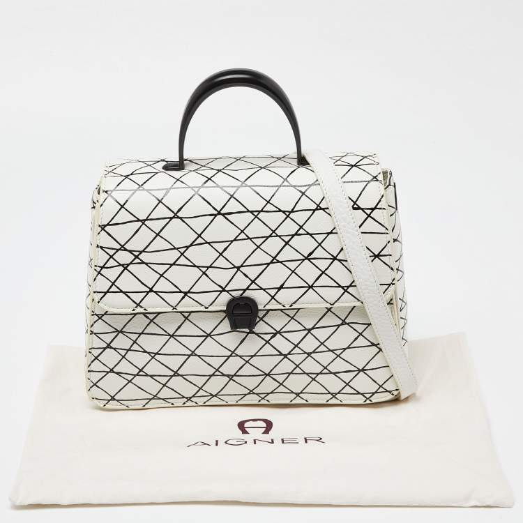 Pre Owned Aigner White/Black Leather Genoveva Top Handle Bag