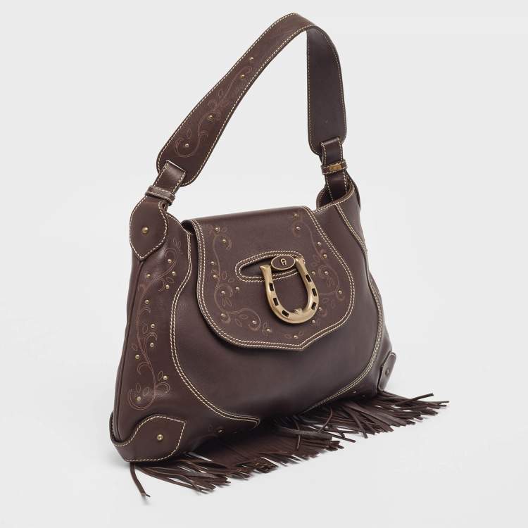 Pre Owned Aigner Dark Brown Leather Fringe Hobo