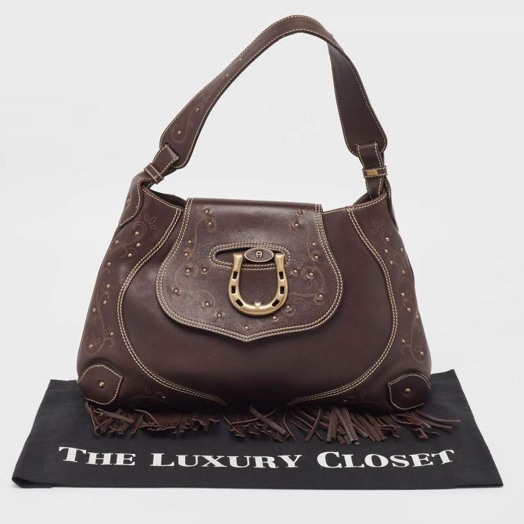 Pre Owned Aigner Dark Brown Leather Fringe Hobo