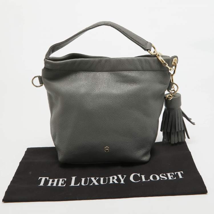 Pre Owned Aigner Grey Leather Tassel Charm Hobo