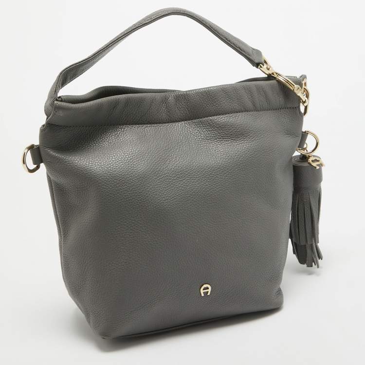 Pre Owned Aigner Grey Leather Tassel Charm Hobo