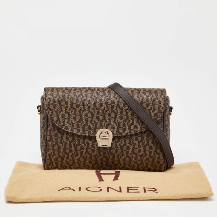 Pre Owned Aigner Brown Coated Canvas and Leather Crossbody Bag