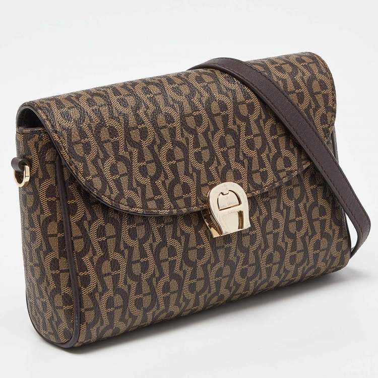 Pre Owned Aigner Brown Coated Canvas and Leather Crossbody Bag