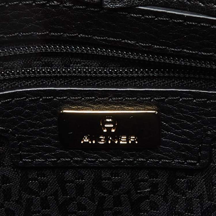Pre Owned Aigner Black Leather Logo Flap Top Handle Bag