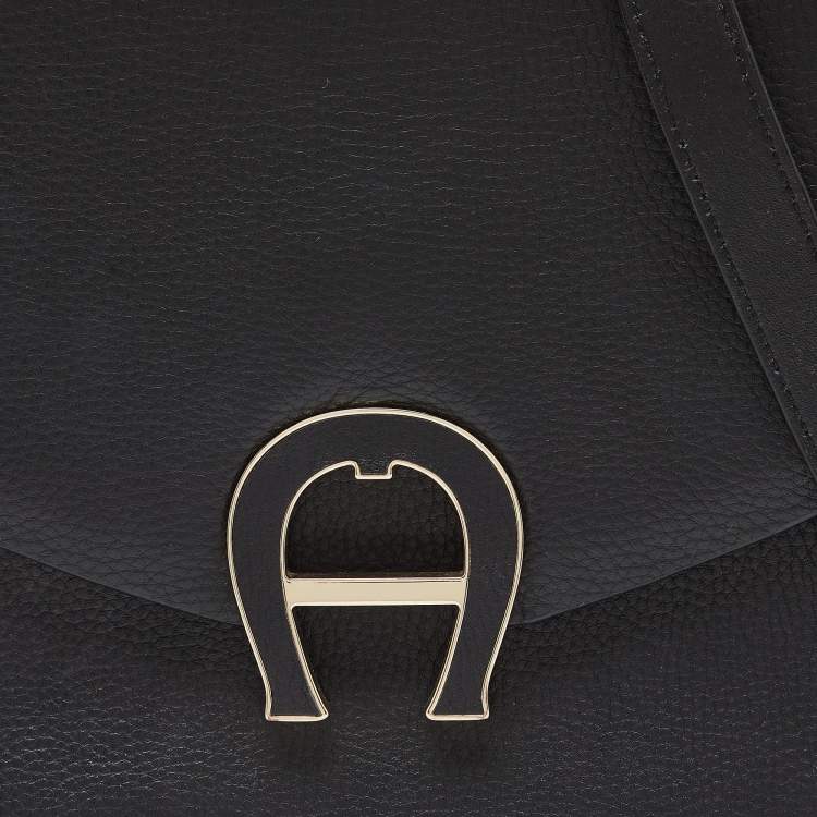 Pre Owned Aigner Black Leather Logo Flap Top Handle Bag