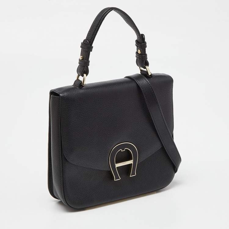 Pre Owned Aigner Black Leather Logo Flap Top Handle Bag