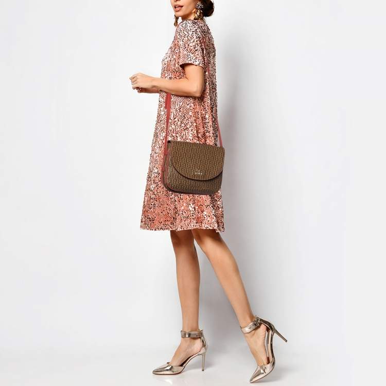 Pre Owned Aigner Brown/Red Signature Coated Canvas and Leather Crossbody Bag