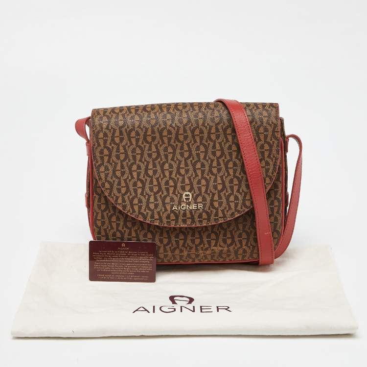 Pre Owned Aigner Brown/Red Signature Coated Canvas and Leather Crossbody Bag