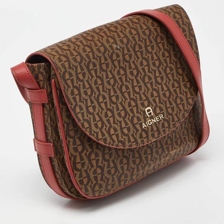 Pre Owned Aigner Brown/Red Signature Coated Canvas and Leather Crossbody Bag