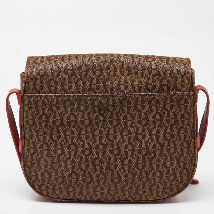 Pre Owned Aigner Brown/Red Signature Coated Canvas and Leather Crossbody Bag