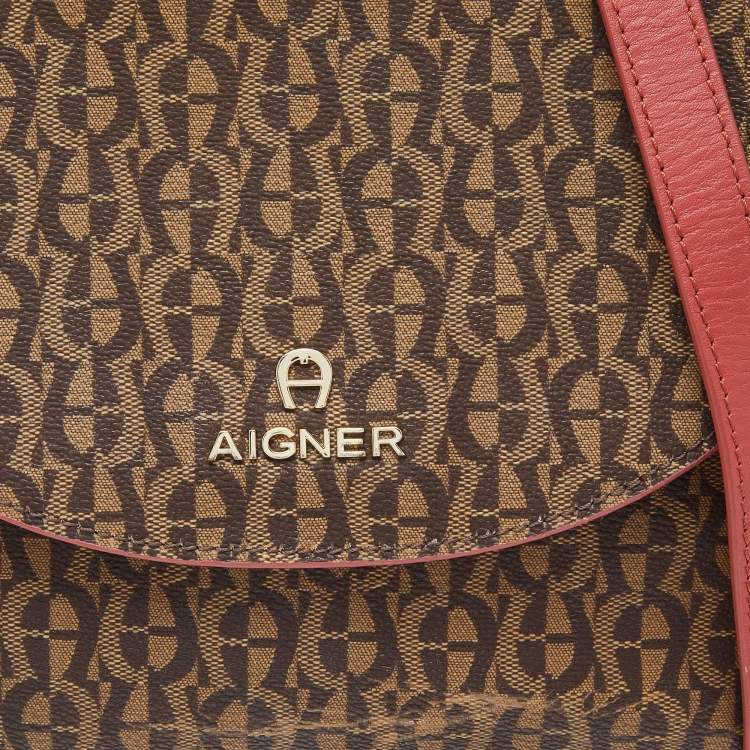 Pre Owned Aigner Brown/Red Signature Coated Canvas and Leather Crossbody Bag