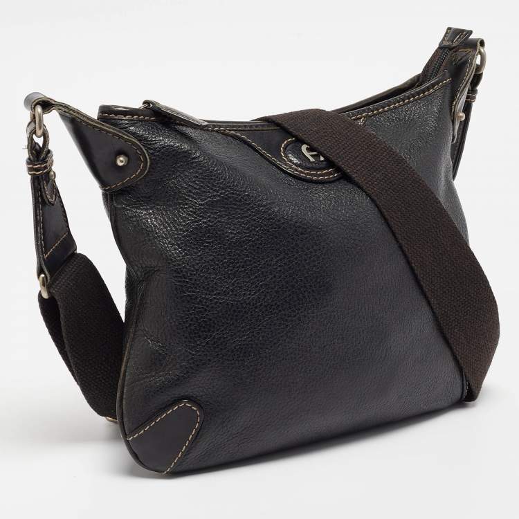 Pre Owned Aigner Black Leather Logo Messenger Bag