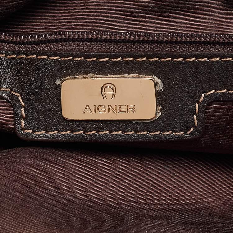 Pre Owned Aigner Dark Brown Monogram Coated Canvas and Leather Zip Satchel