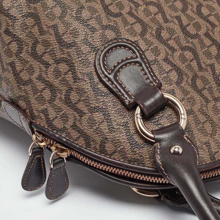Pre Owned Aigner Dark Brown Monogram Coated Canvas and Leather Zip Satchel