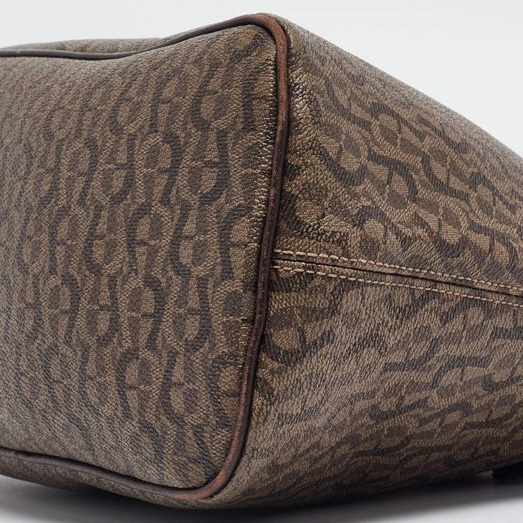 Pre Owned Aigner Dark Brown Monogram Coated Canvas and Leather Zip Satchel