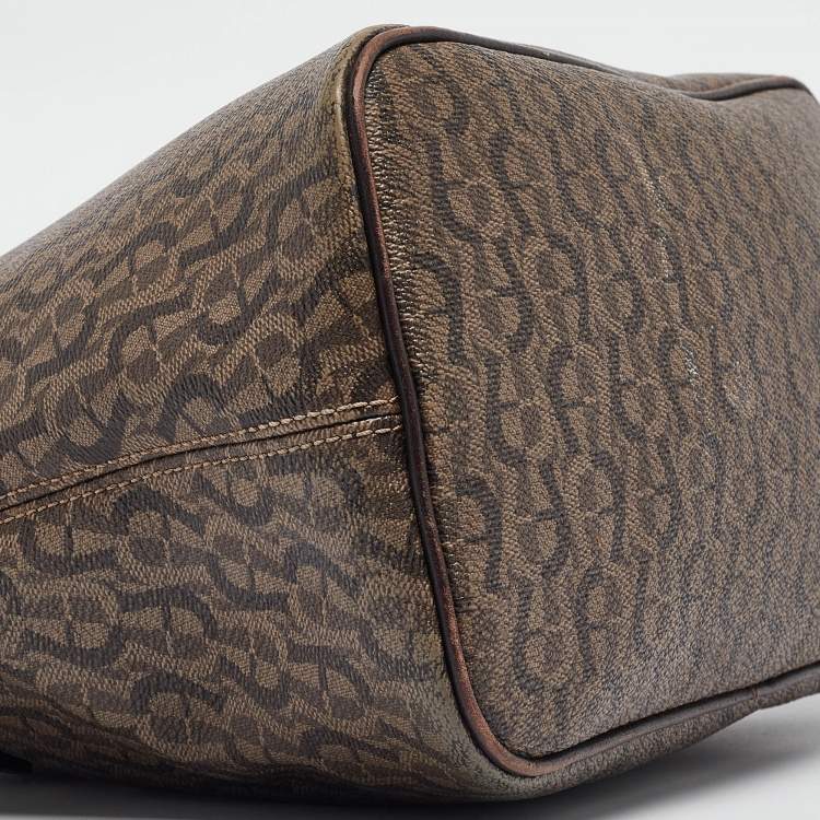 Pre Owned Aigner Dark Brown Monogram Coated Canvas and Leather Zip Satchel