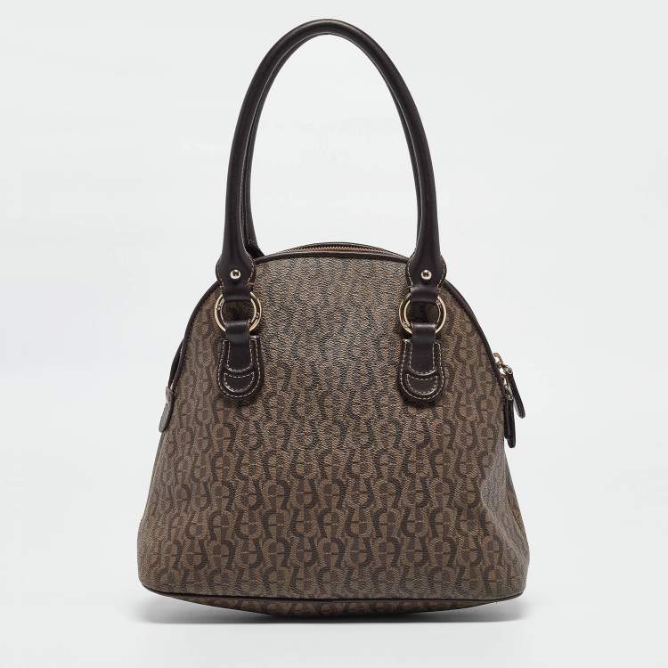 Pre Owned Aigner Dark Brown Monogram Coated Canvas and Leather Zip Satchel