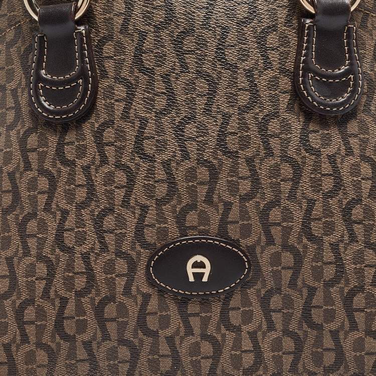 Pre Owned Aigner Dark Brown Monogram Coated Canvas and Leather Zip Satchel