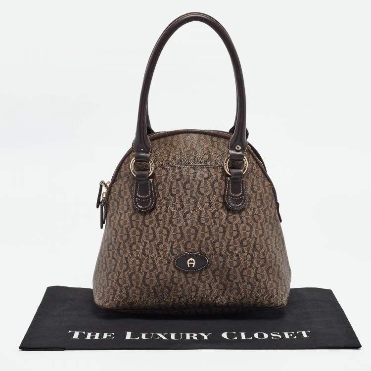 Pre Owned Aigner Dark Brown Monogram Coated Canvas and Leather Zip Satchel