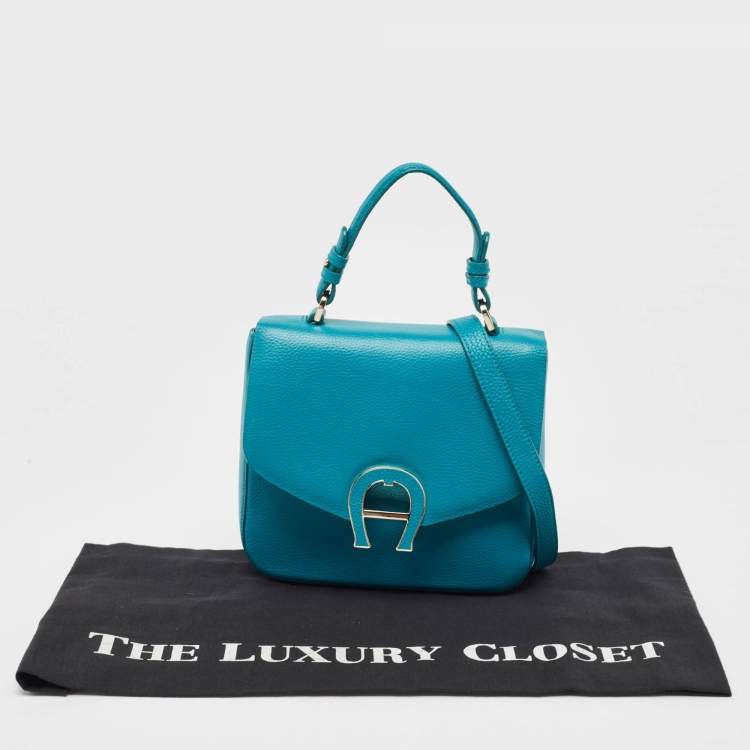 Pre Owned Aigner Green Leather Logo Flap Top Handle Bag