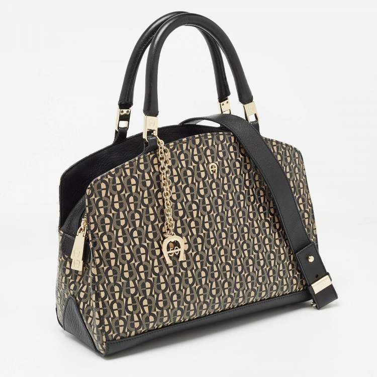 Pre Owned Aigner Black Signature PVC and Leather Satchel