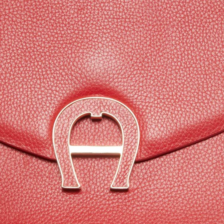 Pre Owned Aigner Red Leather Logo Flap Top Handle Bag